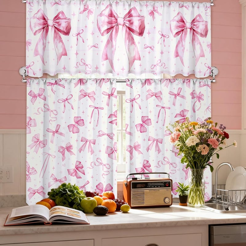 Breling 3 Pcs Pink Bow Kitchen Curtains Valances and Tiers Set for Windows Pink Bow Knot Coquette Decor Short Curtain Set for Bedroom Window Treatment Decor Wedding Party Favor Supplies - Image 2
